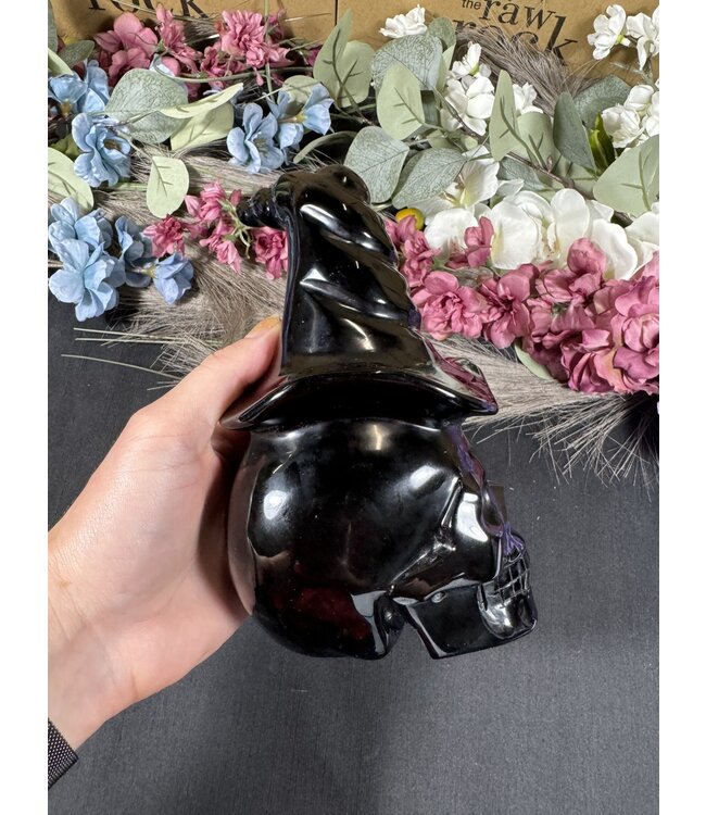 Black Obsidian Skull with Witch Hat #1, 1532gr