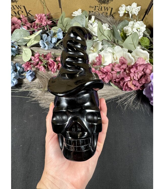 Black Obsidian Skull with Witch Hat #1, 1532gr