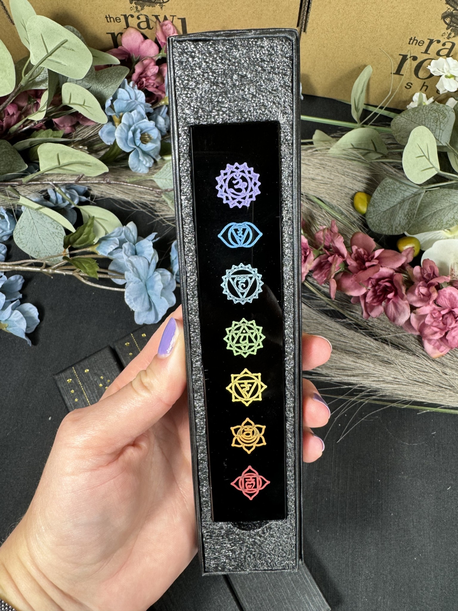Black Obsidian Engraved Chakra Plate Box Set - The Raw Rock Shop Inc.