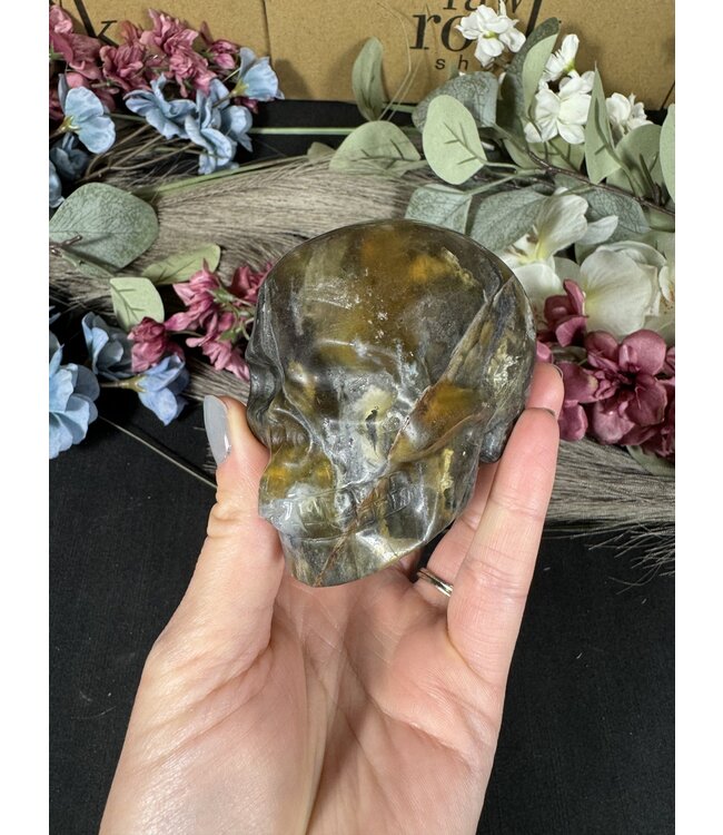 Moss Agate with Fluorite Skull #13, 464gr