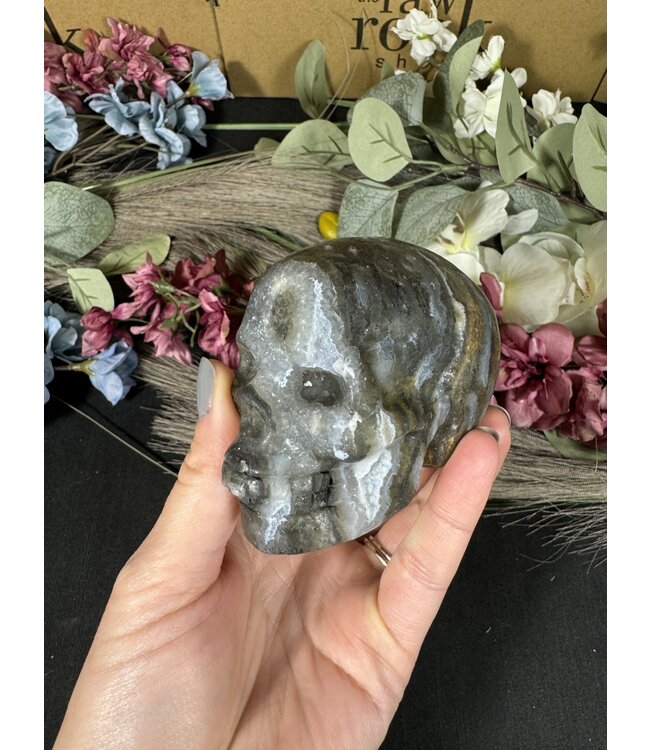 Moss Agate with Fluorite Skull #2, 488gr