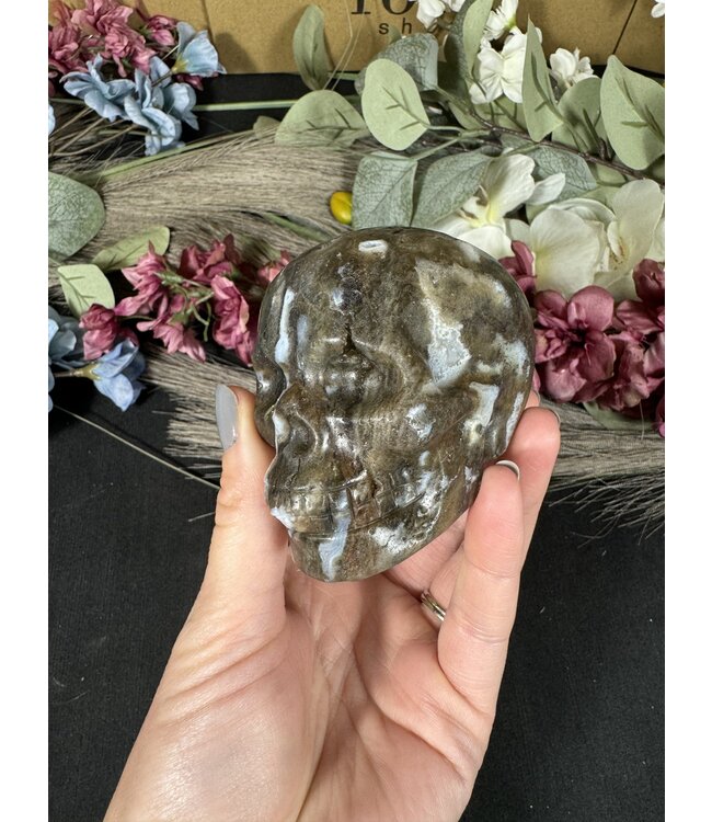 Moss Agate with Fluorite Skull #5, 512gr