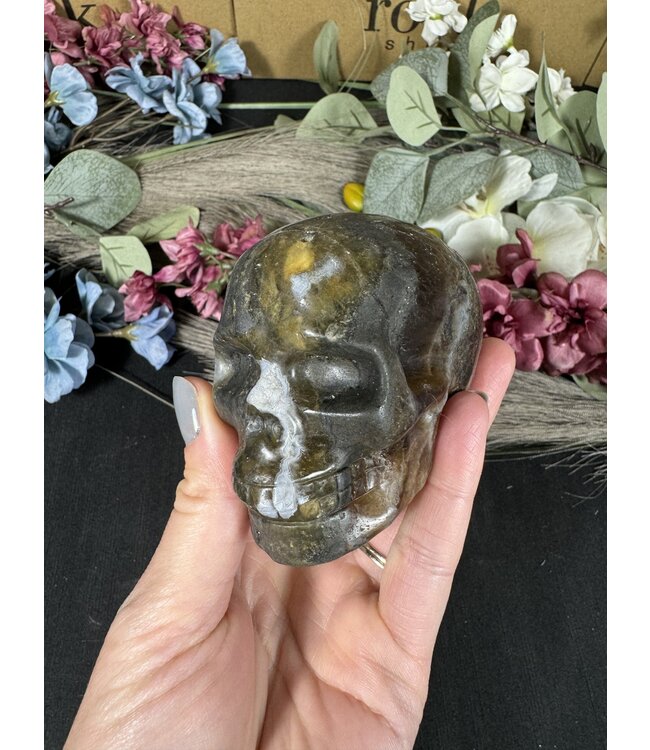 Moss Agate with Fluorite Skull #6, 488gr