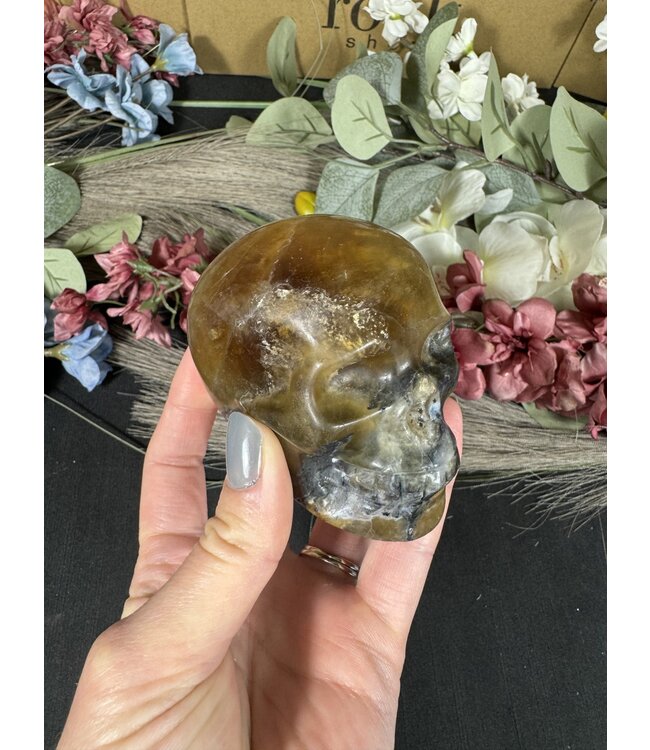 Moss Agate with Fluorite Skull #7, 496gr