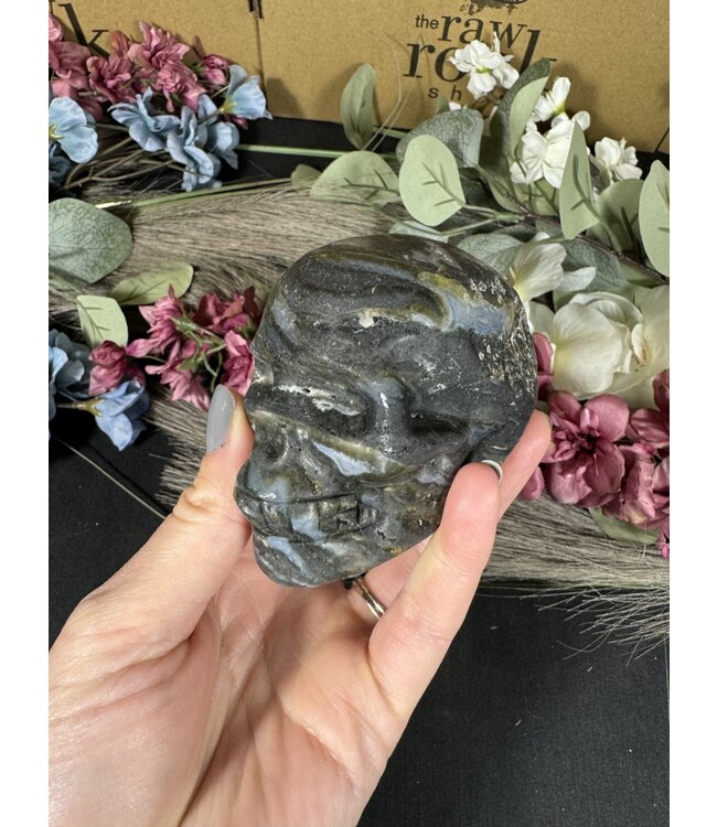 Moss Agate with Fluorite Skull #11, 472gr