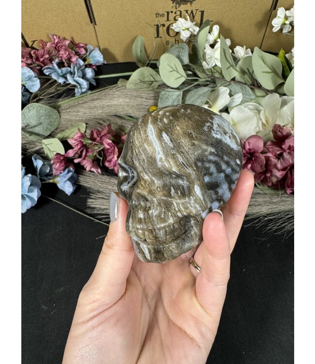 Moss Agate with Fluorite Skull #10, 522gr