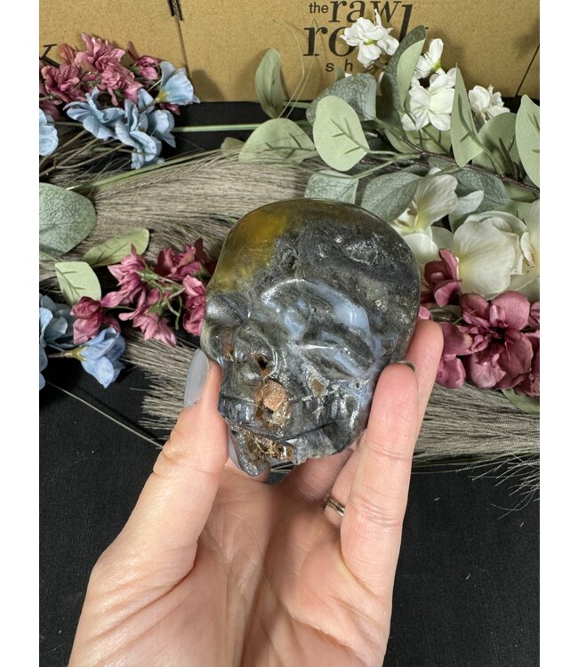 Moss Agate with Fluorite Skull #12, 472gr