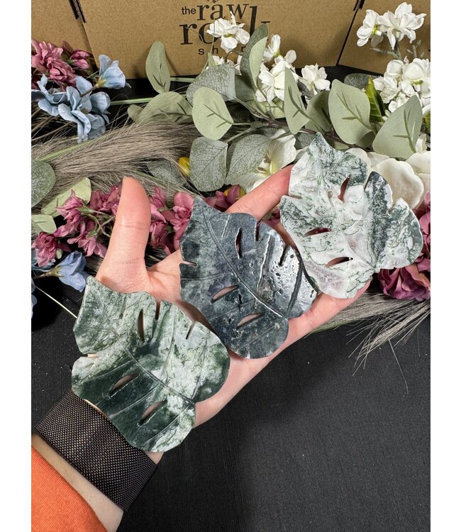 Moss Agate Monstera Leaf Carving