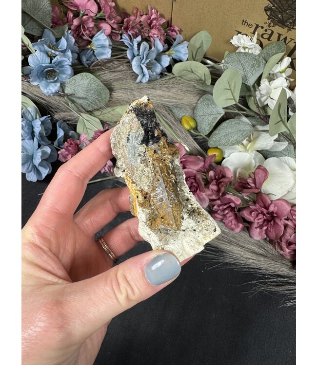 Hyalite Opal with Black Tourmaline/Smoky Quartz #22, 158gr