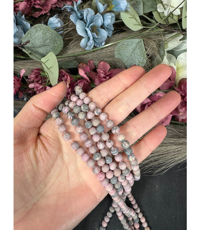 Rhodonite Beads, Grade A, Frosted/Matte 15" Strand 6mm 8mm