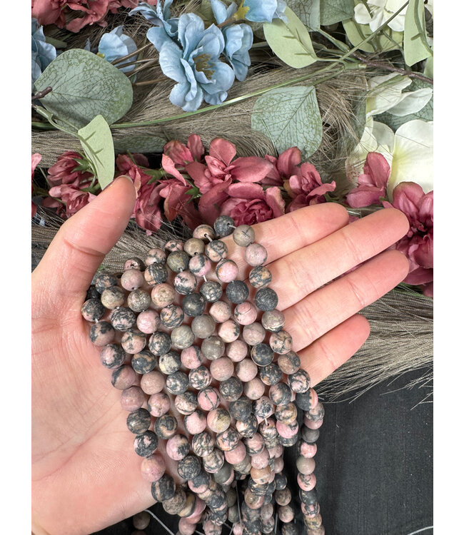 Rhodonite Beads, Grade A, Frosted/Matte 15" Strand 6mm 8mm