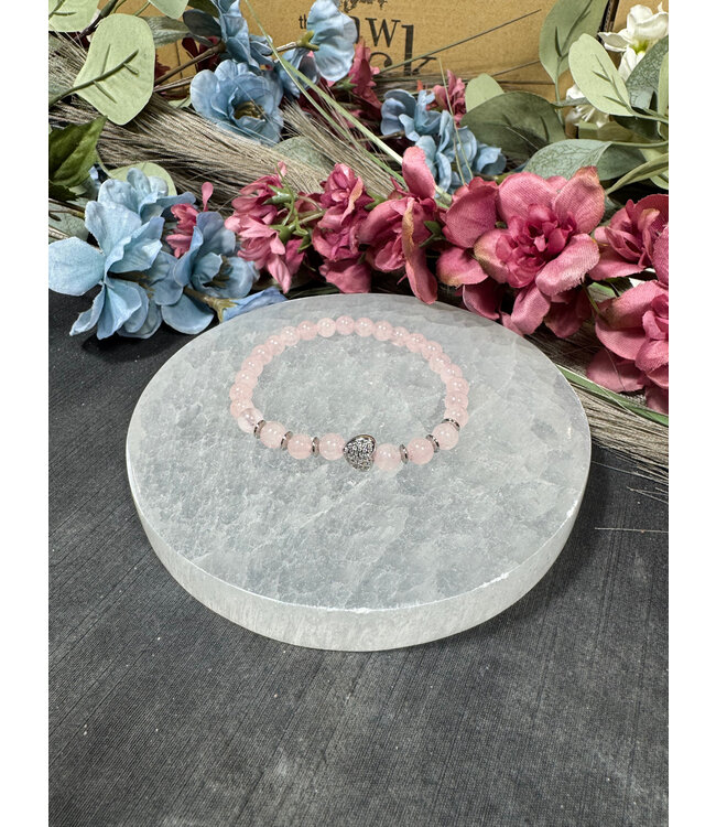 Rose Quartz with Silver Pave Heart 6mm Bracelet