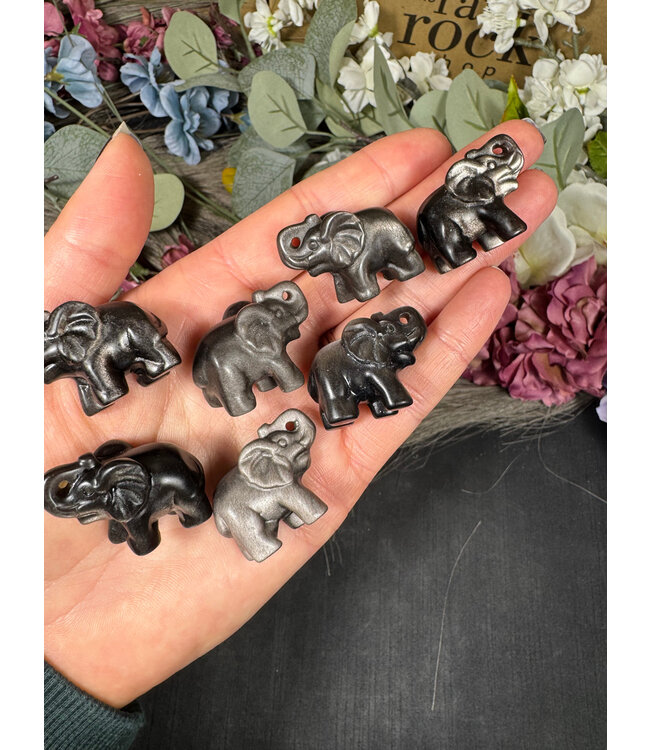 Mini Silver Sheen Obsidian Elephant