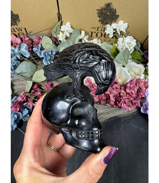 Black Obsidian Skull with Raven Carving