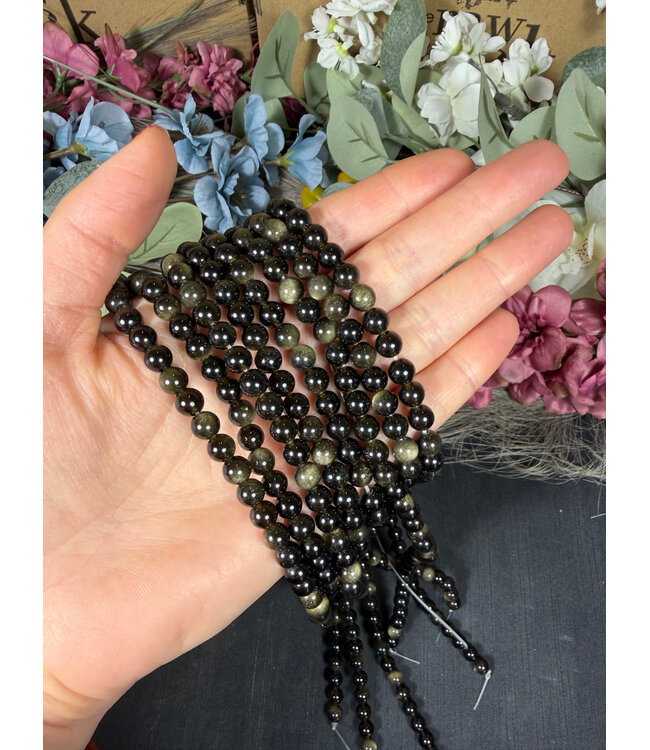 Gold Sheen Obsidian Beads Polished 15" Strand 4mm 6mm 8mm