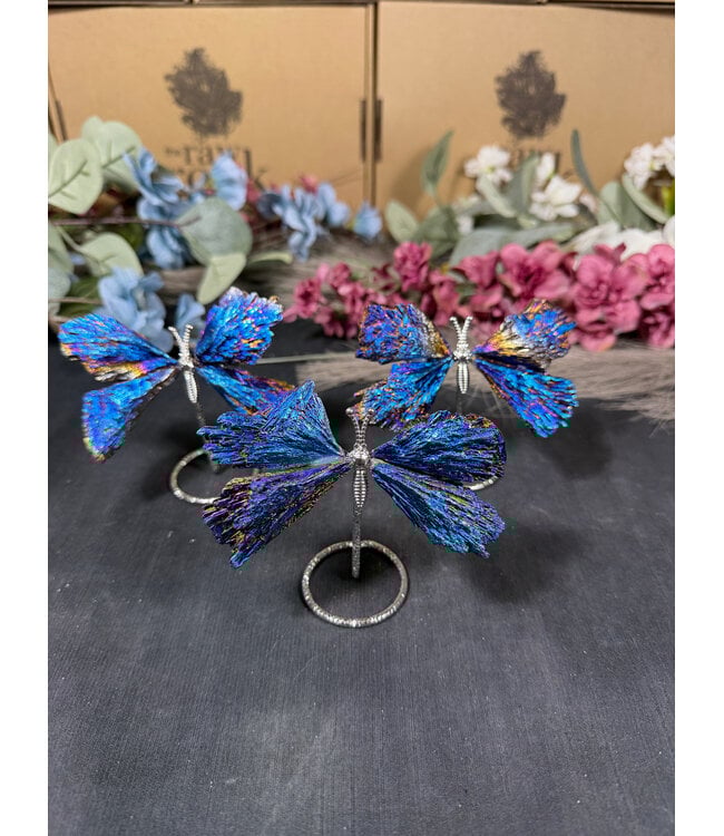 Blue Aura Kyanite Butterfly on Silver Stand