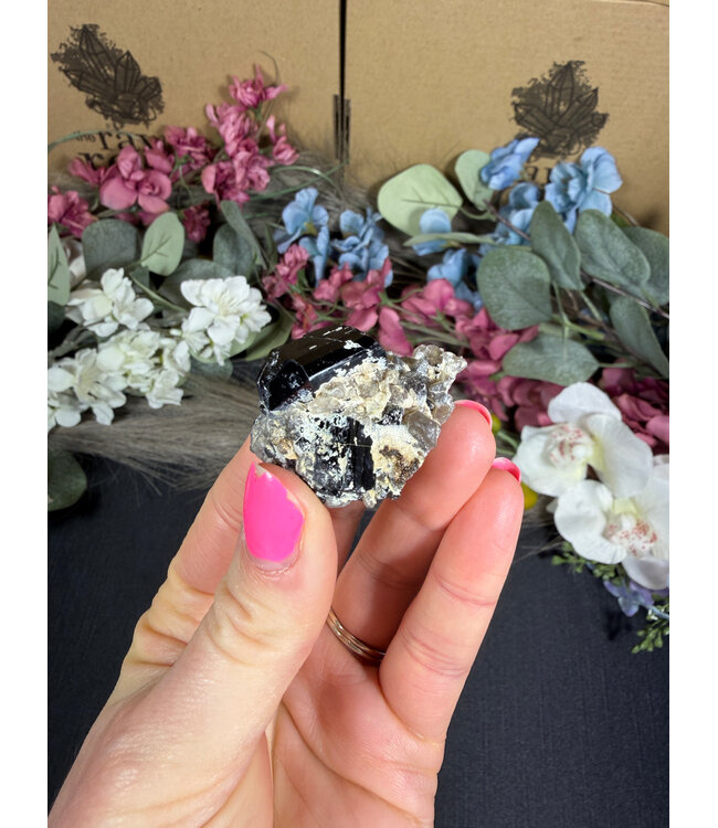 Schorl Black Tourmaline with Hyalite Opal and Smoky Quartz #9, 25.63gr