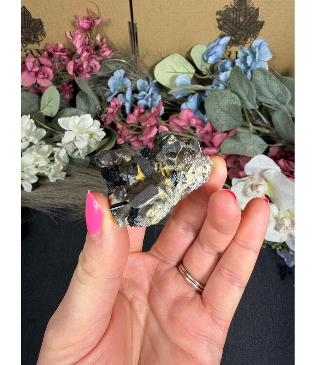 Schorl Black Tourmaline with Hyalite Opal and Smoky Quartz #7, 25.38gr