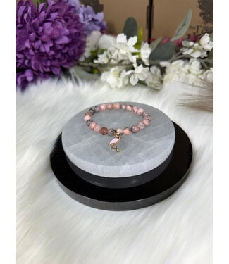Pink Zebra Jasper 8mm Bracelet with flamingo