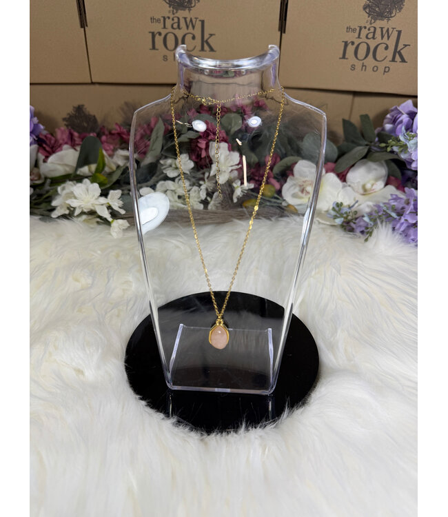Oval 304 Stainless Steel Gold Plated Necklace, Rose Quartz
