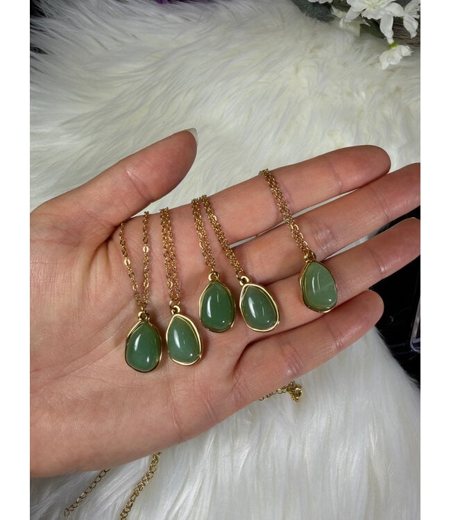 Oval 304 Stainless Steel Gold Plated Necklace, Green Aventurine