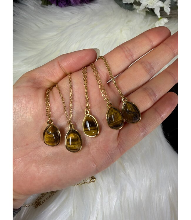 Oval 304 Stainless Steel Gold Plated Necklace, Tiger Eye