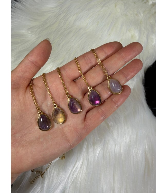 Oval 304 Stainless Steel Gold Plated Necklace, Amethyst