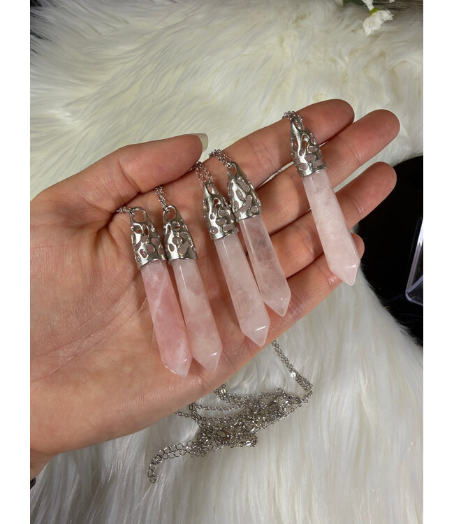 Faceted Bullet Point Platinum Necklace, Rose Quartz