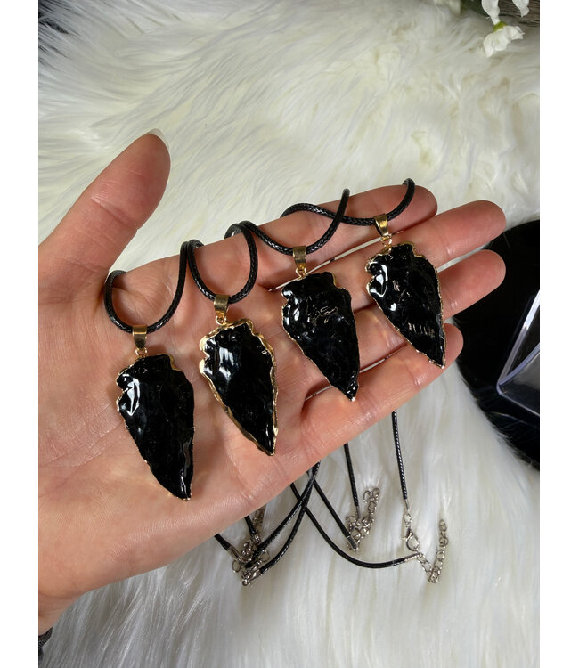 Natural Black Obsidian Arrowhead Necklace, Electroplated Golden