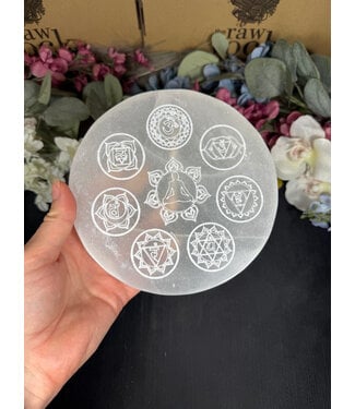 Selenite Round Charging Plate, Engraved Chakra, 15cm