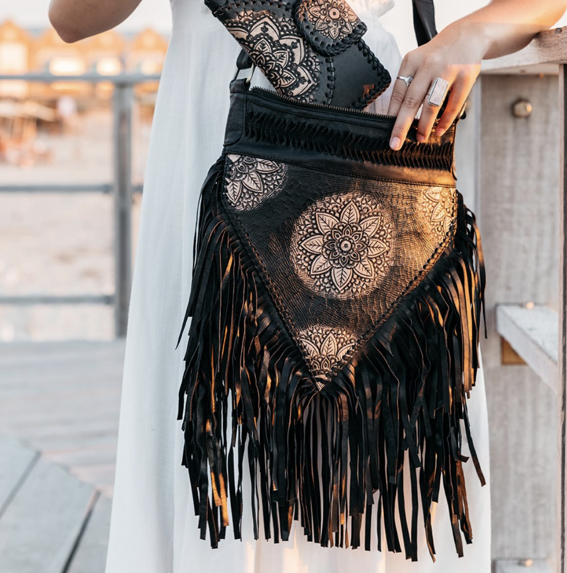 Boho Black Leather Fringe Crossbody Purse 