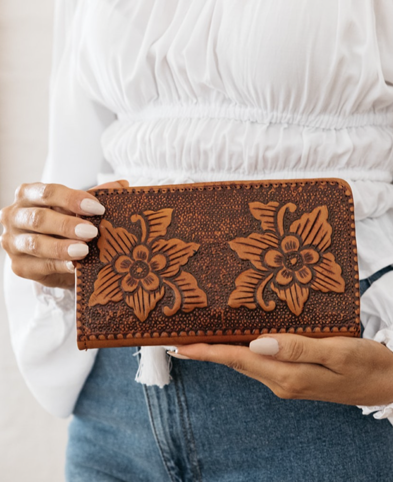 HAND TOOLED FLOWER FLAT WALLET