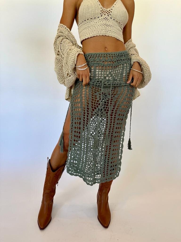 Naked Gypsy COVE CROCHET MAXI SKIRT SAGE