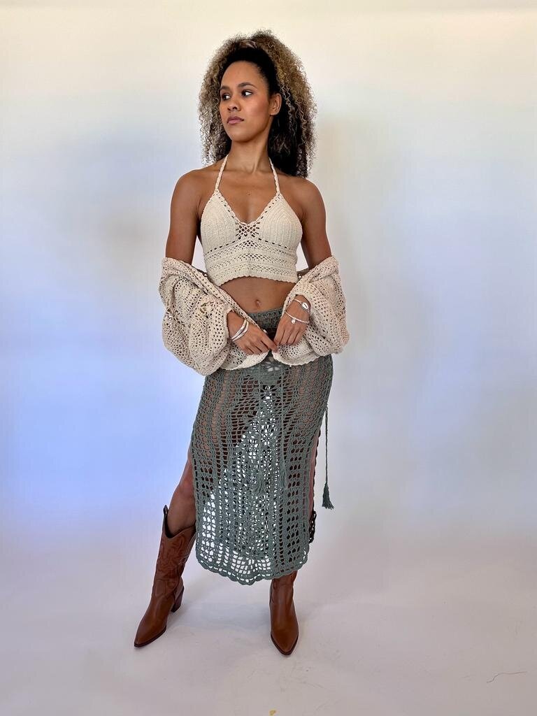 Naked Gypsy COVE CROCHET MAXI SKIRT SAGE