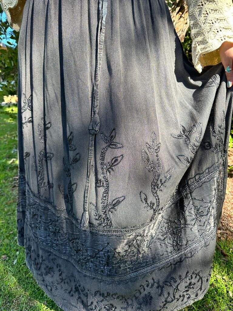 Naked Gypsy MALINA EMBROIDERED CHARCOAL MAXI SKIRT