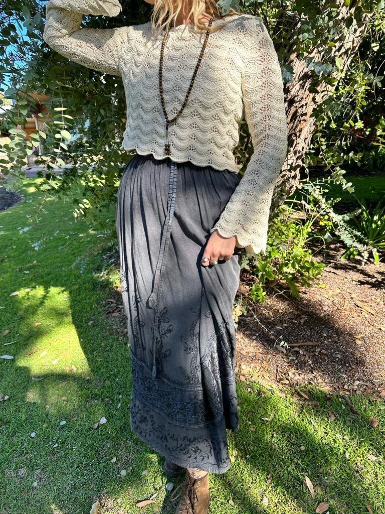 Naked Gypsy MALINA EMBROIDERED CHARCOAL MAXI SKIRT