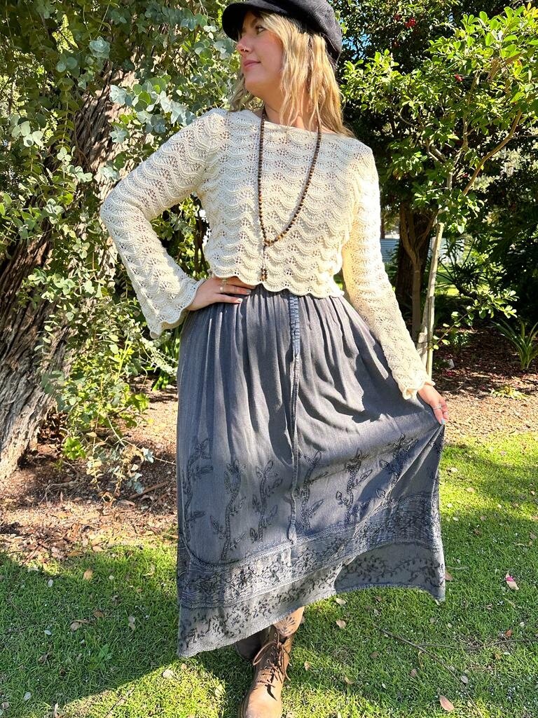 Naked Gypsy MALINA EMBROIDERED CHARCOAL MAXI SKIRT