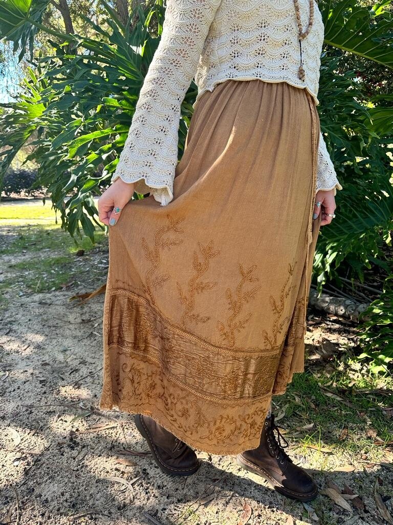Naked Gypsy MALINA EMBROIDERED MUSTARD MAXI SKIRT