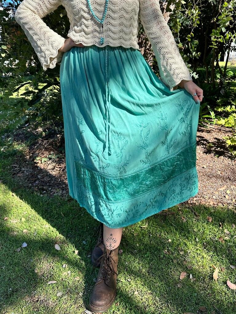 MALINA EMBROIDERED TEAL MAXI SKIRT