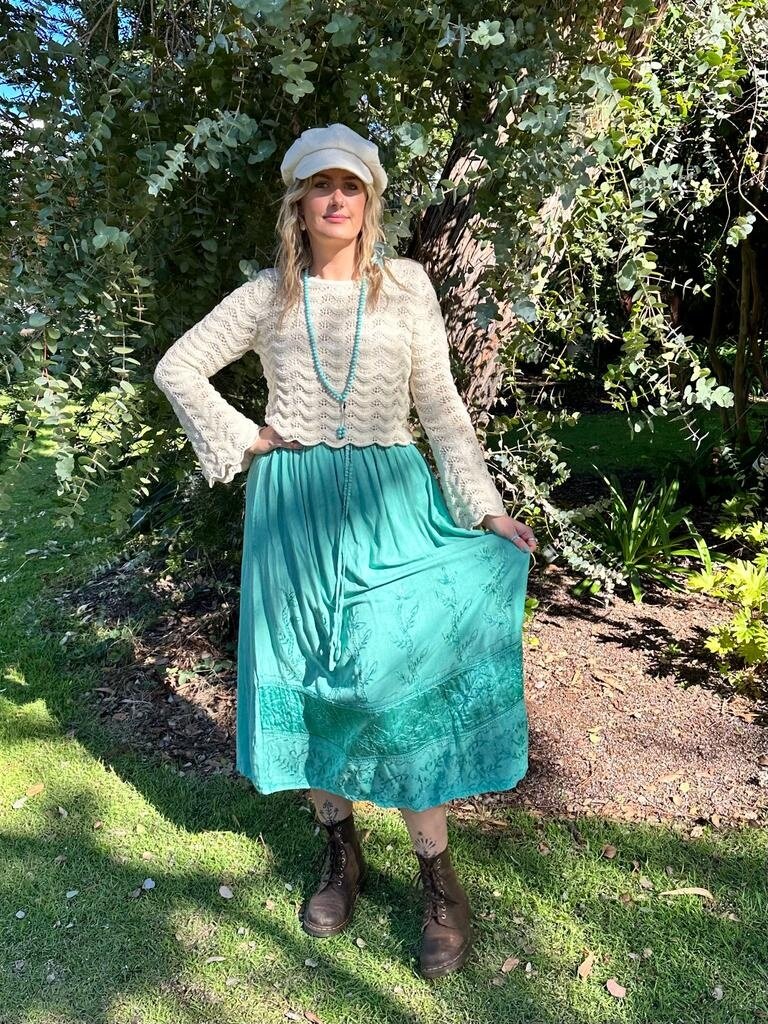 MALINA EMBROIDERED TEAL MAXI SKIRT