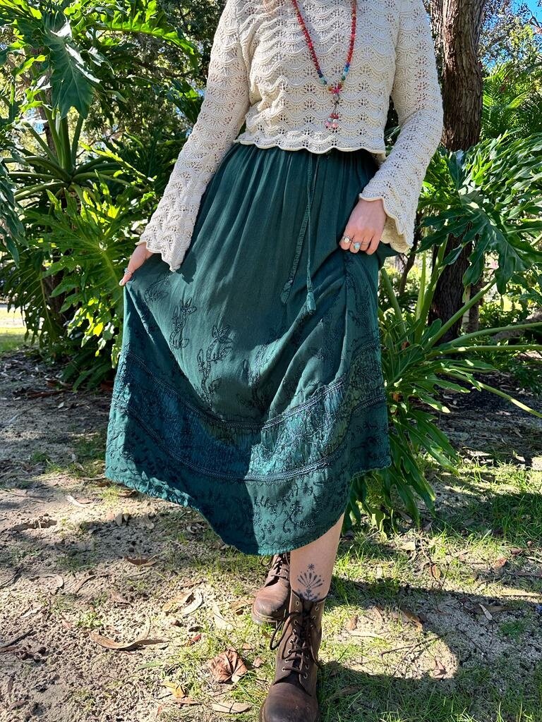 Naked Gypsy MALINA EMBROIDERED BOTTLE GREEN MAXI