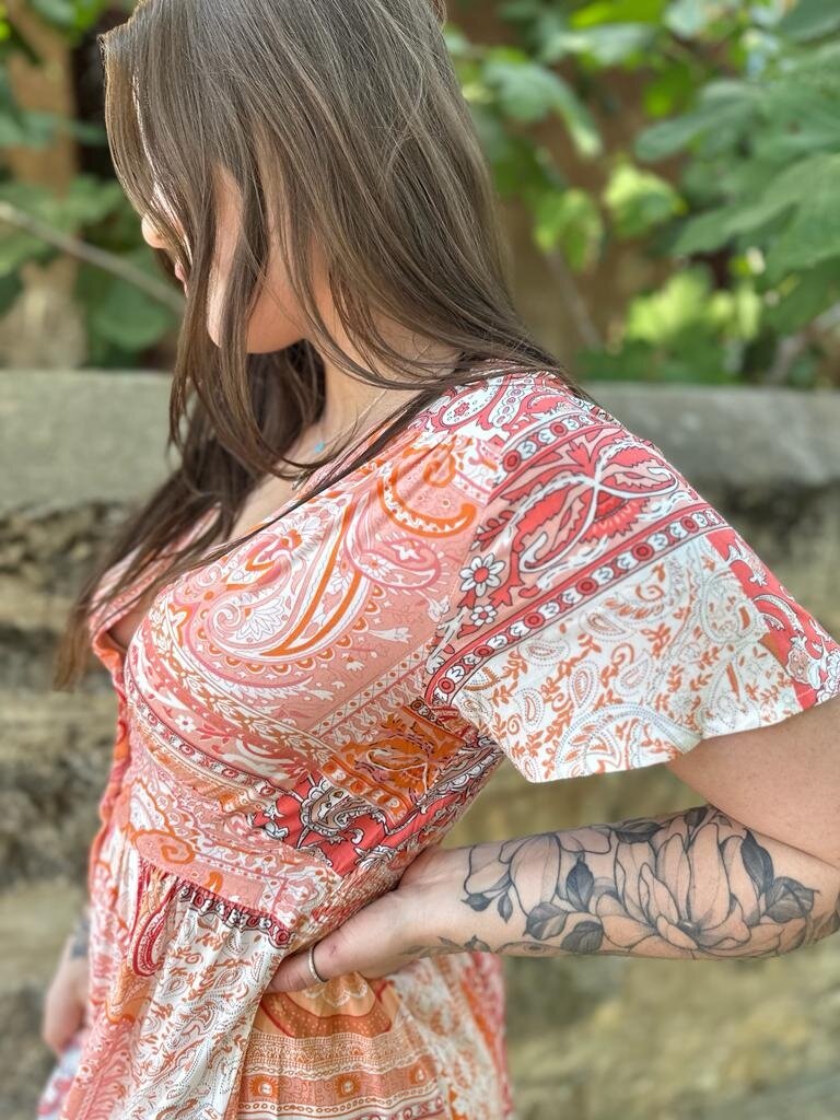 KELLY ORANGE PAISLEY PATCHWORK MIDI