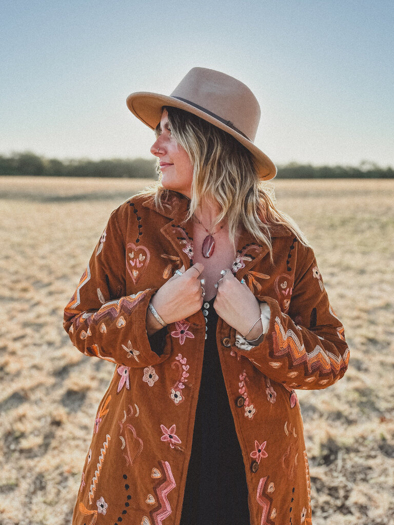 TAN WOODSTOCK EMBROIDERED COAT