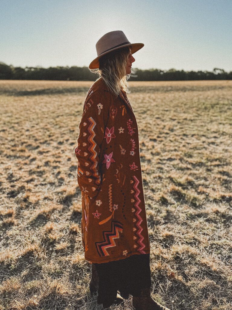 TAN WOODSTOCK EMBROIDERED COAT