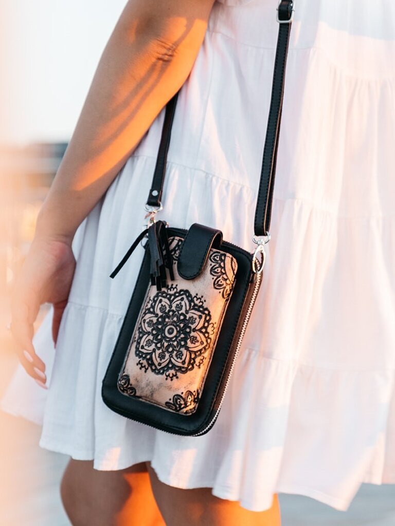 Shoe Shu HAND TOOLED MANDALA ZIP ROUND PHONE WALLET BAG