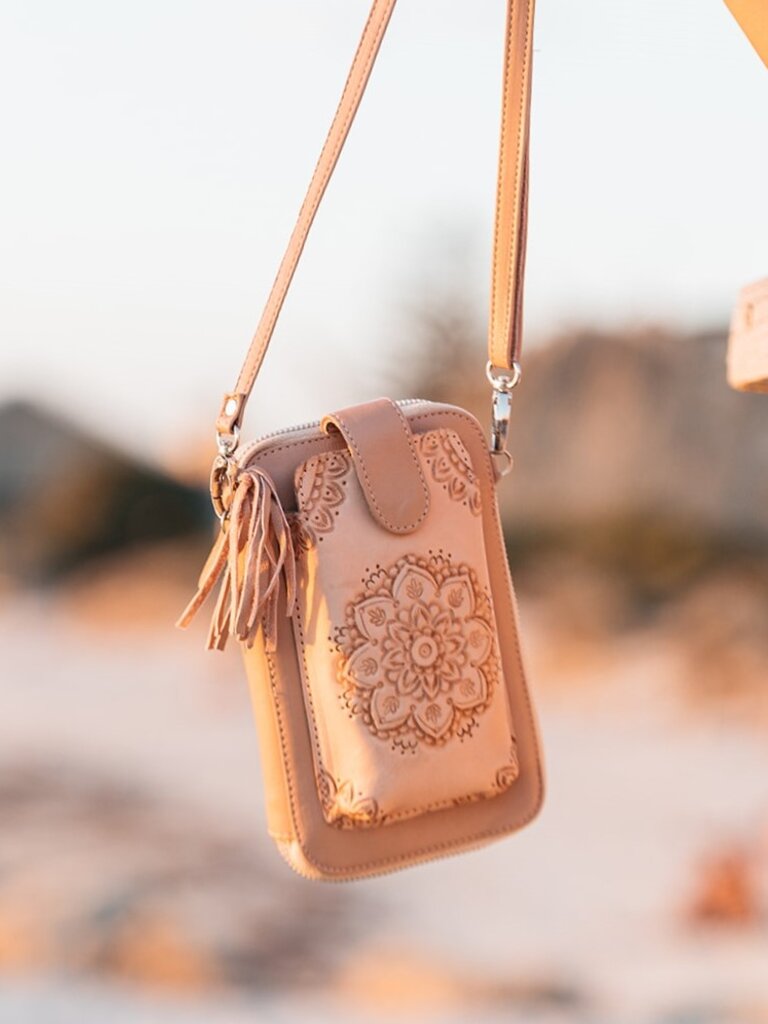 Shoe Shu HAND TOOLED MANDALA ZIP ROUND PHONE WALLET BAG