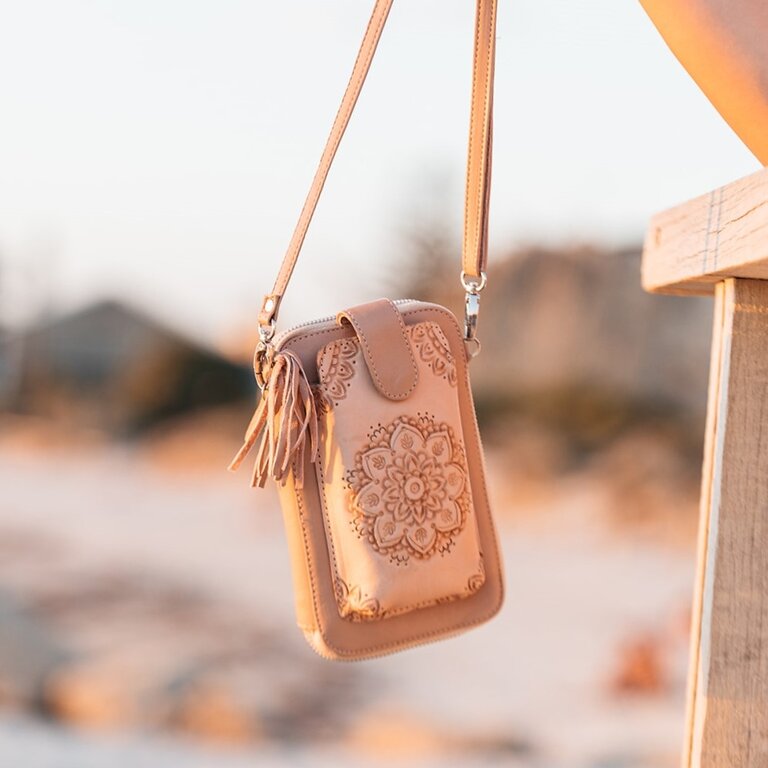 HAND TOOLED MANDALA ZIP ROUND PHONE WALLET BAG