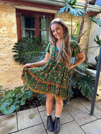 GREEN ROSE CREPE  BABYDOLL MINI GREEN ROSE CREPE  BABYDOLL MINI