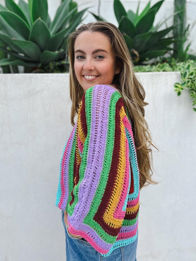 Moon Flower The Label RAINBOW CROCHET PINK CARDIGAN