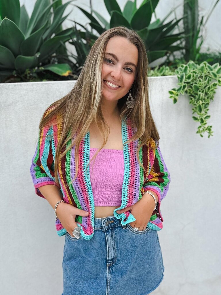 Moon Flower The Label RAINBOW CROCHET PINK CARDIGAN